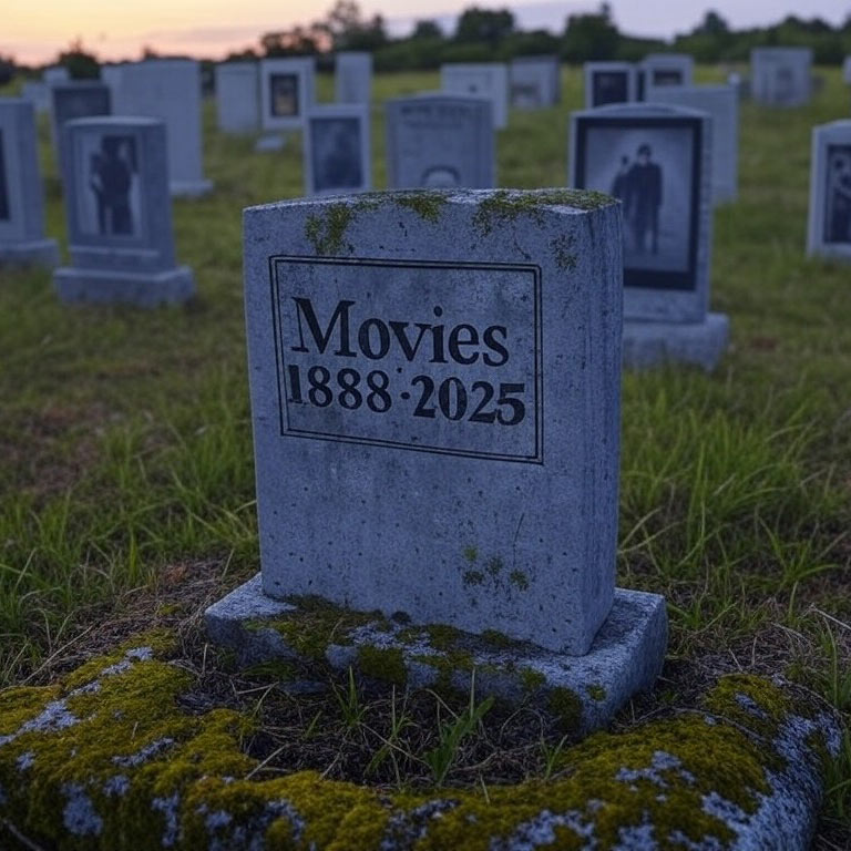 A headstone with the inscription "Movies 1888-2025"